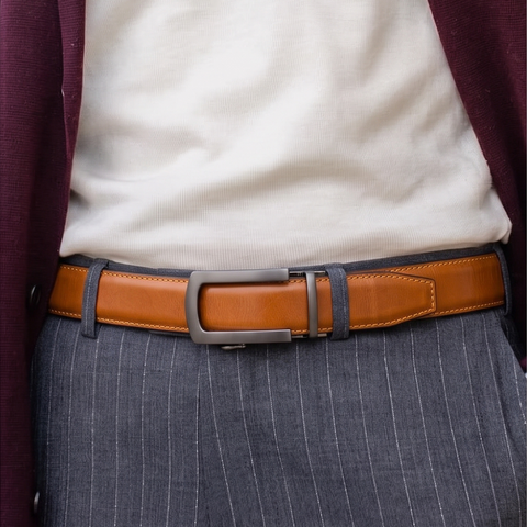 Crabby Hunt Men's Genuine Leather Auto Lock Belt – Choco Brown | Grey Ratchet Buckle | 35mm Formal Belt