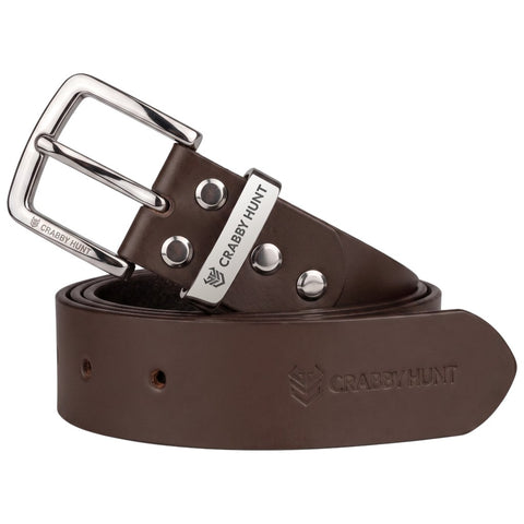 Crabby Hunt Premium Smooth Brown Genuine Leather Belt with Polished Silver Square Buckle