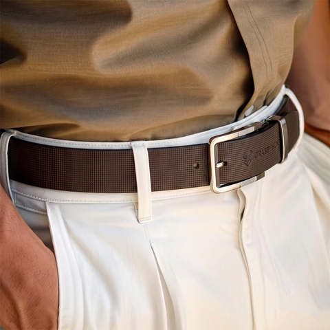 Crabby Hunt Men's Genuine Leather Belt – Brown Square Grid Textured Strap with Square Metal Buckle