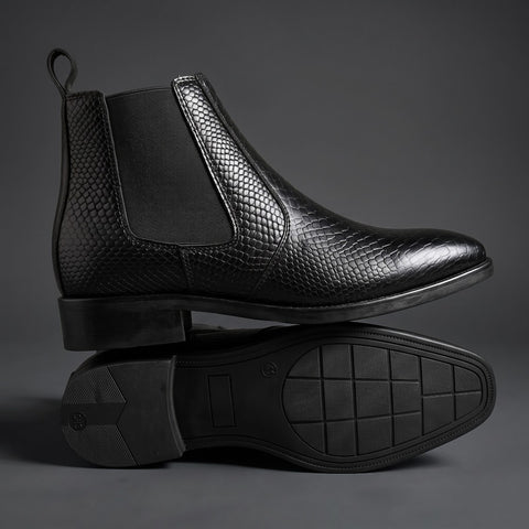 Men’s Black Chelsea Boots - Reptile Texture Leather Formal & Party Wear Shoes