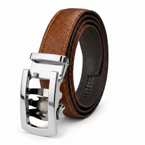 Crabby Hunt Men's Genuine Leather Auto Lock Belt – Tan Tiger | Silver Auto Lock Buckle | 35mm Formal Belt