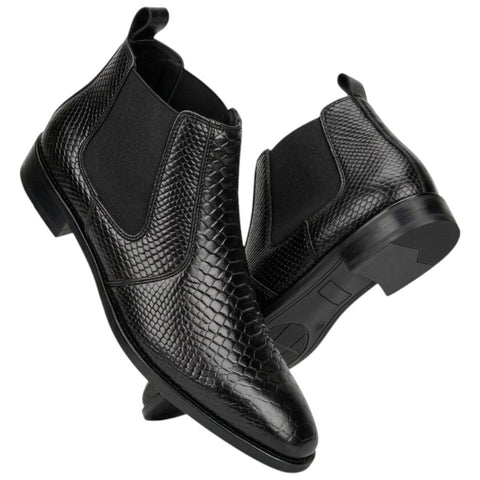 Men’s Black Chelsea Boots - Reptile Texture Leather Formal & Party Wear Shoes