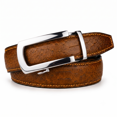 Crabby Hunt Men's Genuine Leather Auto Lock Belt – Tan Tiger | Silver Auto Lock Buckle | 35mm Formal Belt