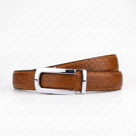 Crabby Hunt Men's Genuine Leather Auto Lock Belt – Tan Tiger | Silver Auto Lock Buckle | 35mm Formal Belt
