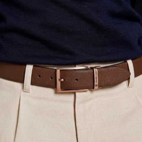 Men's Genuine Leather Belt | Textured Brown Leather Belt with Rose Gold Buckle | Crabby Hunt