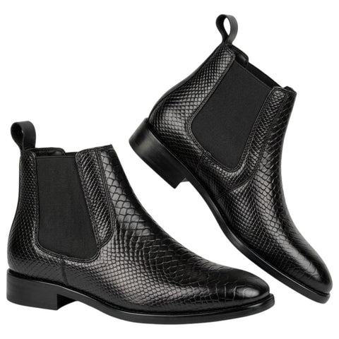 Men’s Black Chelsea Boots - Reptile Texture Leather Formal & Party Wear Shoes