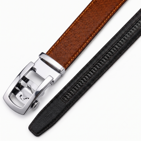 Crabby Hunt Men's Genuine Leather Auto Lock Belt – Tan Tiger | Silver Auto Lock Buckle | 35mm Formal Belt