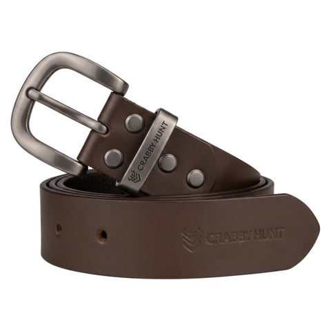 Crabby Hunt Classic Brown Leather Belt with Grey Round Buckle