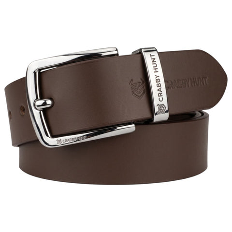 Crabby Hunt Premium Smooth Brown Genuine Leather Belt with Polished Silver Square Buckle