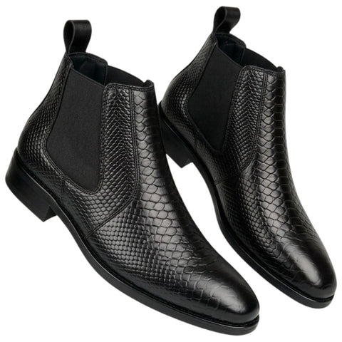Men’s Black Chelsea Boots - Reptile Texture Leather Formal & Party Wear Shoes