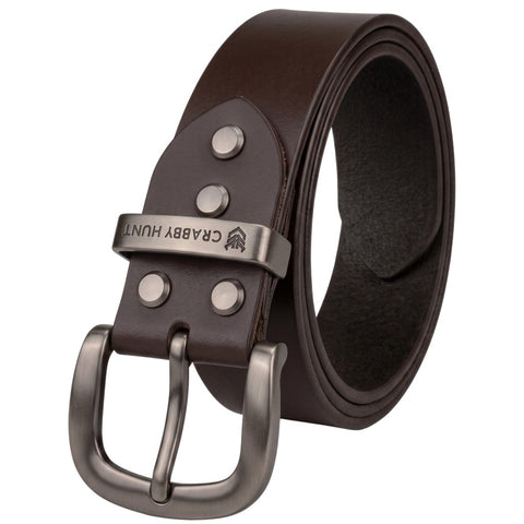 Crabby Hunt Classic Brown Leather Belt with Grey Round Buckle