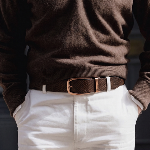 Crabby Hunt Men's Reversible Italian Leather Belt | Black & Brown Snake Texture | Premium Rose Gold Pin Buckle | Genuine Leather Belt for Men