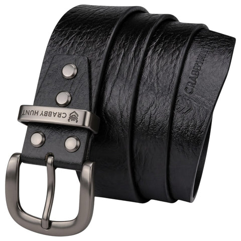 Crabby Hunt Premium Apollo Black Genuine Leather Belt with Grey Round Buckle