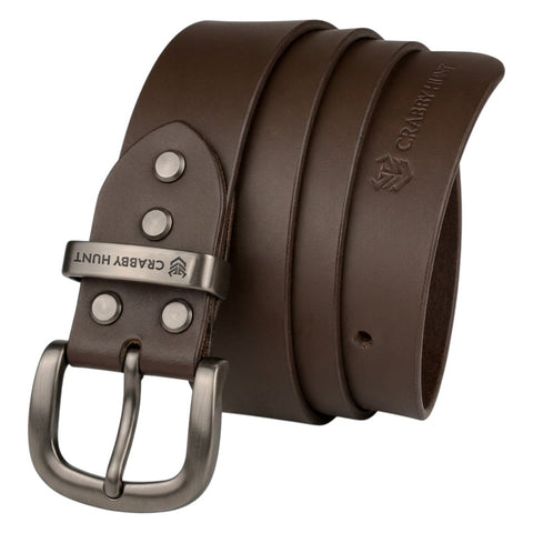 Crabby Hunt Classic Brown Leather Belt with Grey Round Buckle