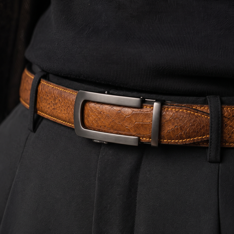 Crabby Hunt Men's Genuine Leather Auto Lock Belt – Python Texture Brown | Grey Ratchet Buckle | 35mm Formal Belt