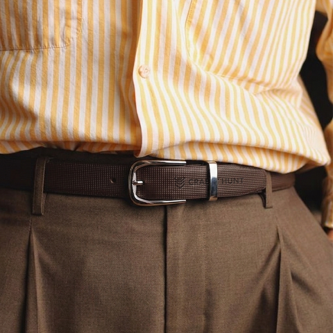 Crabby Hunt Men's Brown Leather Belt with Square Grid Texture & Gunmetal Round Buckle