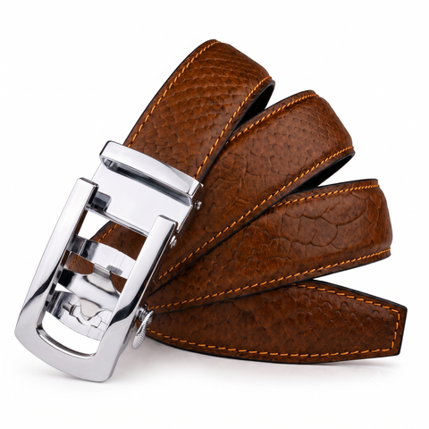 Crabby Hunt Men's Genuine Leather Auto Lock Belt – Tan Tiger | Silver Auto Lock Buckle | 35mm Formal Belt