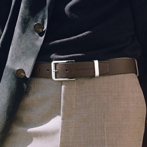 Carbby Hunt Men's Genuine Leather Belt – Brown Square Grid Texture with Silver Buckle | Formal & Casual Wear