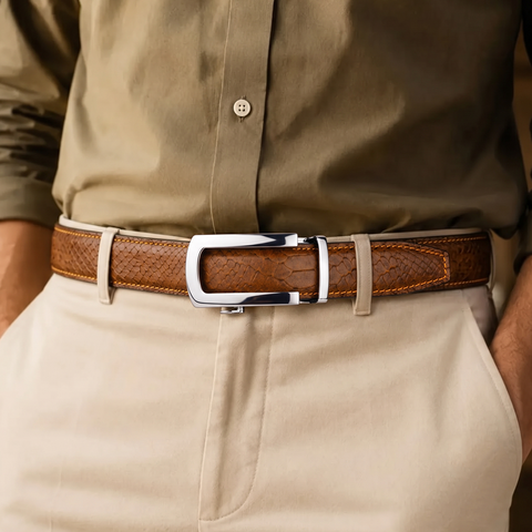 Crabby Hunt Men's Genuine Leather Auto Lock Belt – Brown Python Texture | Silver Ratchet Buckle | 35mm