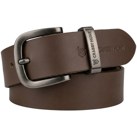 Crabby Hunt Classic Brown Leather Belt with Grey Round Buckle