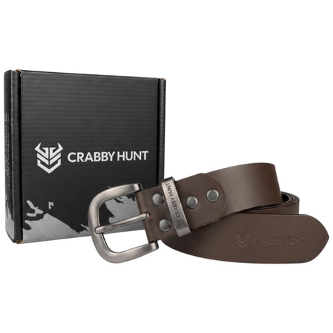Crabby Hunt Classic Brown Leather Belt with Grey Round Buckle