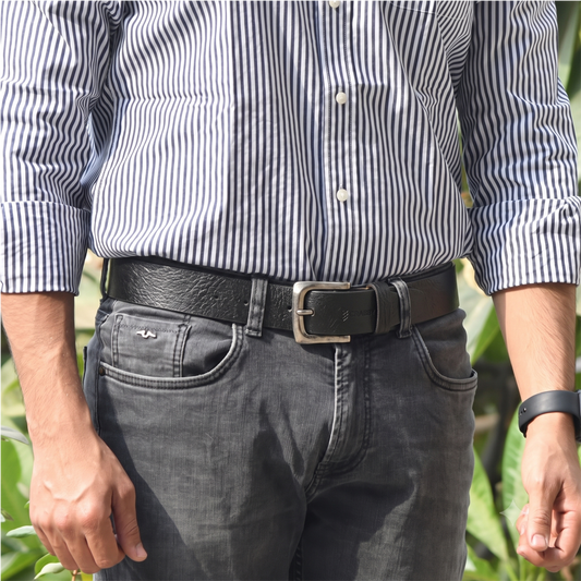 Crabby Hunt Men's Genuine Leather Belt – Black Apollo Strap with Gunmetal Square Buckle | Formal & Casual Belt