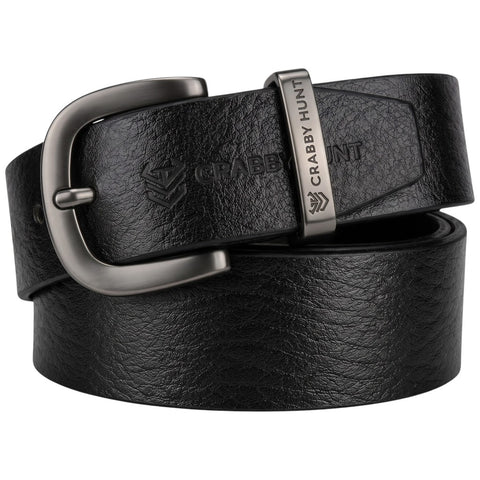 Crabby Hunt Premium Apollo Black Genuine Leather Belt with Grey Round Buckle