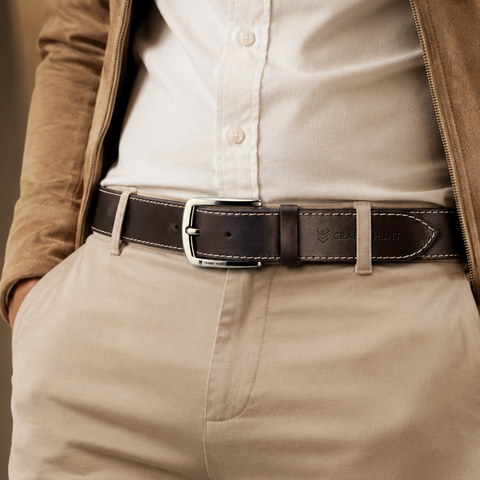 Crabby Hunt Men Genuine Leather Belt with Stitching | Dark Brown Formal & Casual Belt | Premium Thread Design