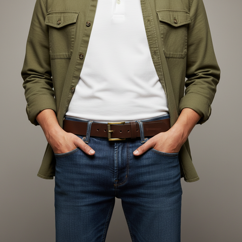 Genuine Classic Brown Leather Belt with Golden Brass Metal Buckle – Crabby Hunt