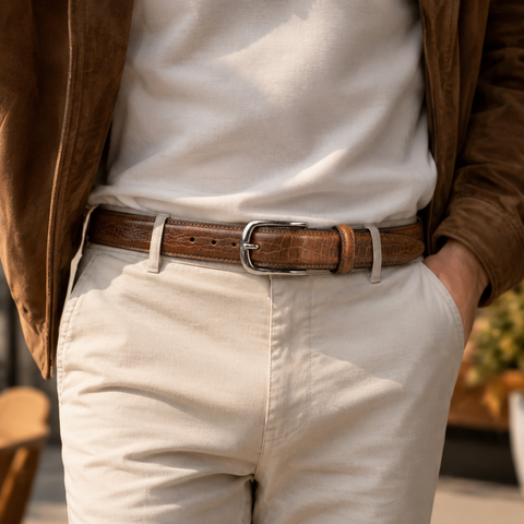 Crabby Hunt Brown Croco Pattern Genuine Leather Belt for Men