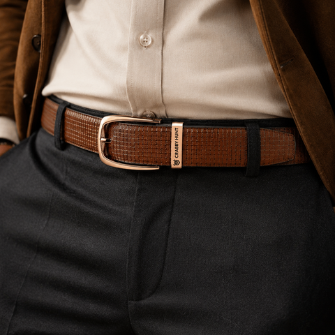 Men’s Genuine Leather Belt | Premium Textured Brown Belt with Rose Gold Buckle | Formal & Casual Wear