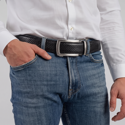 Men’s Autolock Black Croco Leather Belt – Silver Automatic Buckle, Premium Formal Belt for Men