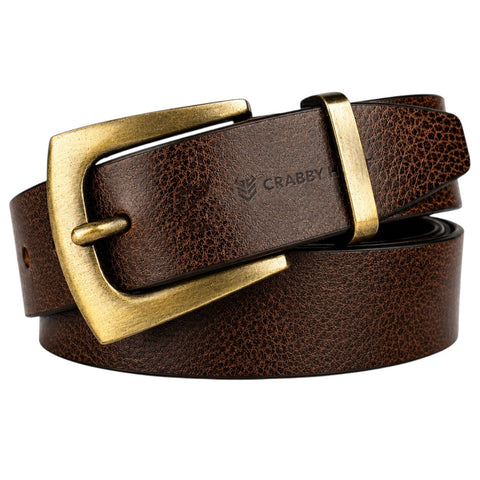 Crabby Hunt Men's Genuine Leather Casual Belt – Oil Pull-Up Leather with Antique Brass Buckle