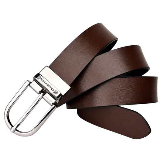 Crabby Hunt Men's Reversible Genuine Leather Belt with Silver Round Buckle | Black & Brown | Formal & Casual Wear | Reversible-Damms Silver Round-Buckle