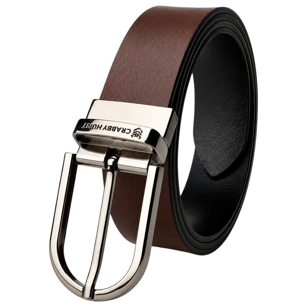 Crabby Hunt Men's Reversible Genuine Leather Belt with Silver Round Buckle | Black & Brown | Formal & Casual Wear | Reversible-Damms Silver Round-Buckle