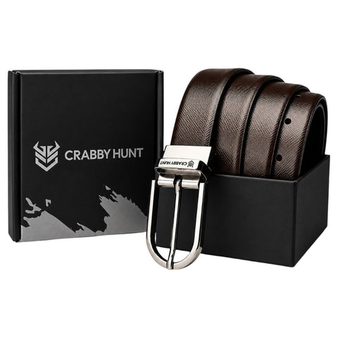 Crabby Hunt Reversible Genuine Leather Belt for Men – Honey & Black | Silver Round Buckle | Formal & Casual Belt