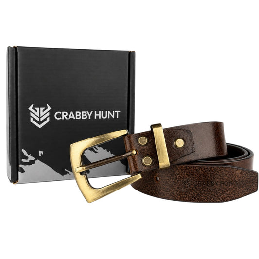Crabby Hunt Men's Genuine Leather Casual Belt – Oil Pull-Up Leather with Antique Brass Buckle
