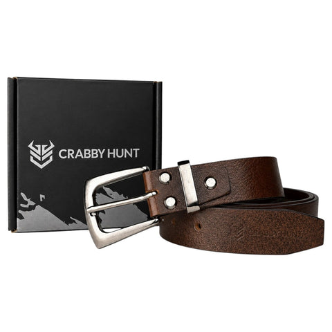 Crabby Hunt Men's Genuine Leather Casual Belt – Oil Pull-Up Leather with Gunmetal Buckle