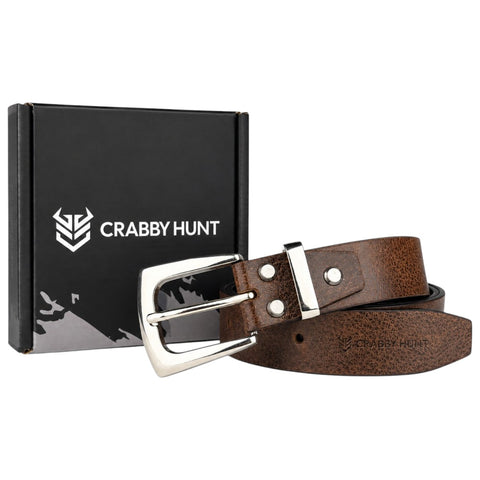 Crabby Hunt Men's Genuine Leather Casual Oil Pull-Up Belt with Silver Buckle