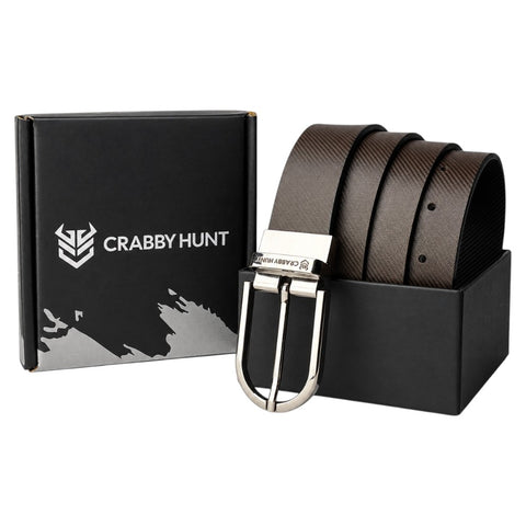 Crabby Hunt Premium Reversible Genuine Leather Belt for Men – Drill Silver Round Buckle