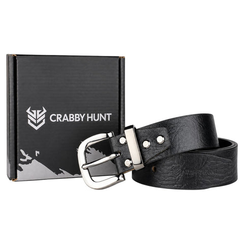 Crabby Hunt Men's Genuine Leather Belt – Black Apollo Strap with Gunmetal Round Buckle | Formal & Casual Belt