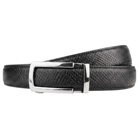 Men’s Autolock Black Croco Leather Belt – Silver Automatic Buckle, Premium Formal Belt for Men