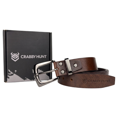 Crabby Hunt Men's Genuine Leather Casual Belt – Oil Pull-Up Leather with Gunmetal Buckle