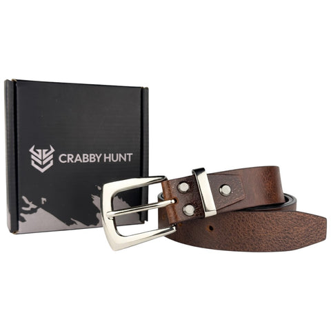 Crabby Hunt Men's Genuine Leather Casual Oil Pull-Up Belt with Silver Buckle