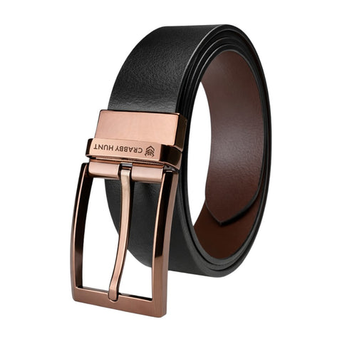 Crabby Hunt Dammas Reversible Men’s Leather Belt—Choco-Gold Finish Buckle