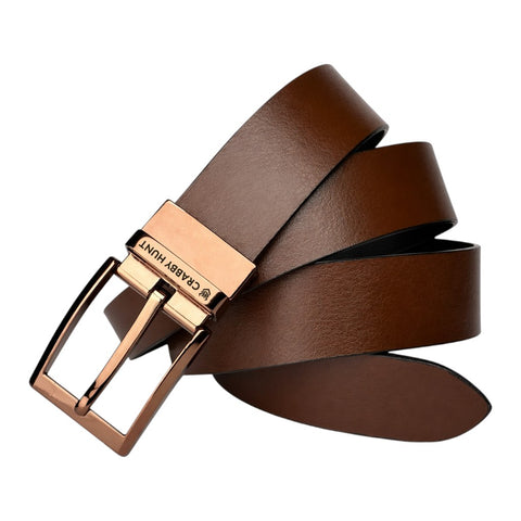 Crabby Hunt Dammas Reversible Men’s Leather Belt—Choco-Gold Finish Buckle