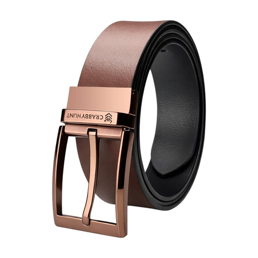 Crabby Hunt Dammas Reversible Men’s Leather Belt—Choco-Gold Finish Buckle