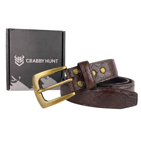 Brown Croco Embossed Genuine Leather Belt with Antique Brass Buckle | Premium Men's Formal & Casual Belt