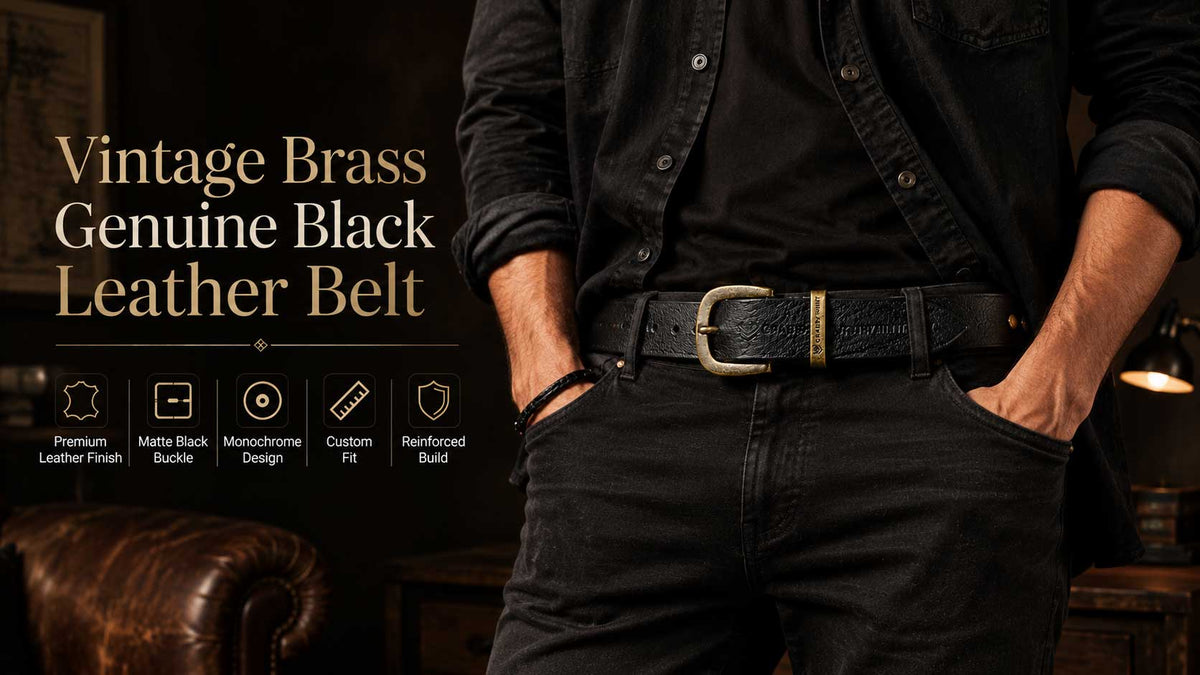 Genuine Black Leather Belt with Antique Brass Metal Buckle – Crabby Hunt