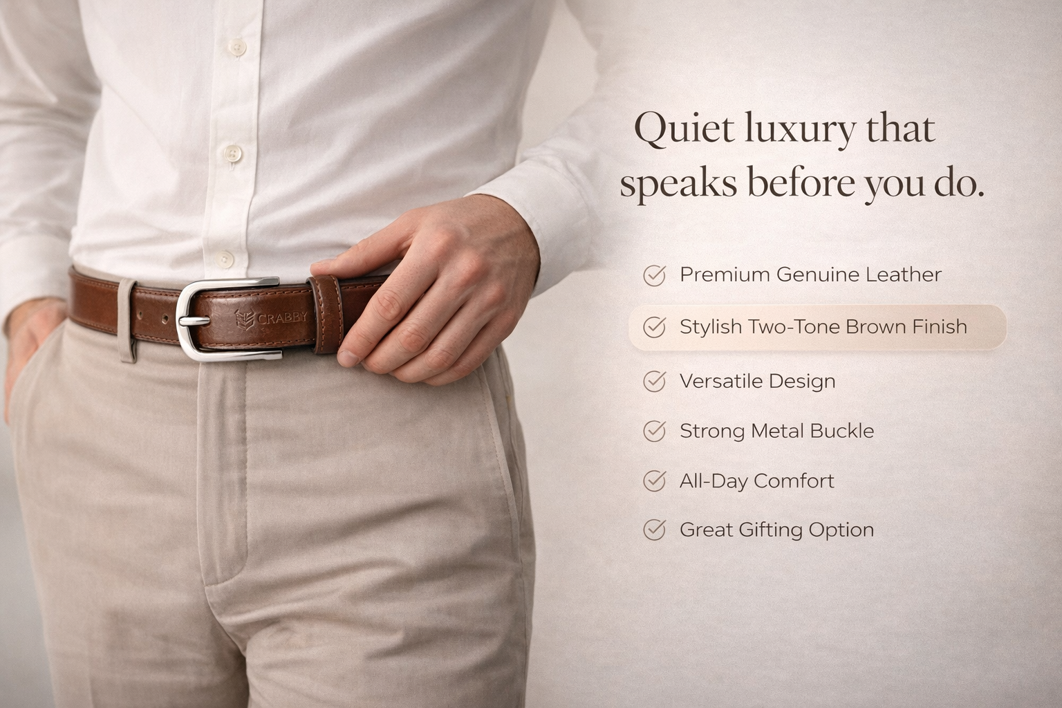 Crabby Hunt Two-Tone Brown Men’s Leather Belt for Formal & Casual Wear
